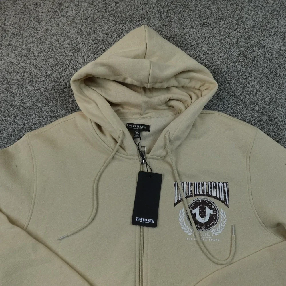 NEW True Religion Hoodie Mens XL Beige Full Zip Fleece Sweatshirt Jacket Graphic
